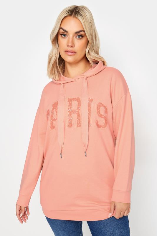 Plus Size  YOURS Curve Pink 'Paris' Sequin Embellished Hoodie