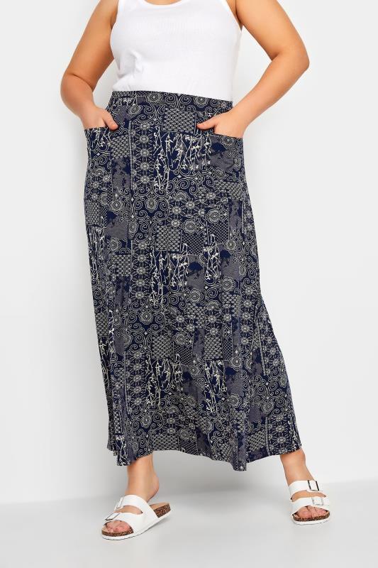 YOURS Curve Navy Blue Mixed Print Pocket Detail Maxi Skirt | Yours Clothing 1