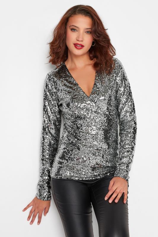  dla puszystych LTS Tall Silver Sequin Embellished Wrap Top
