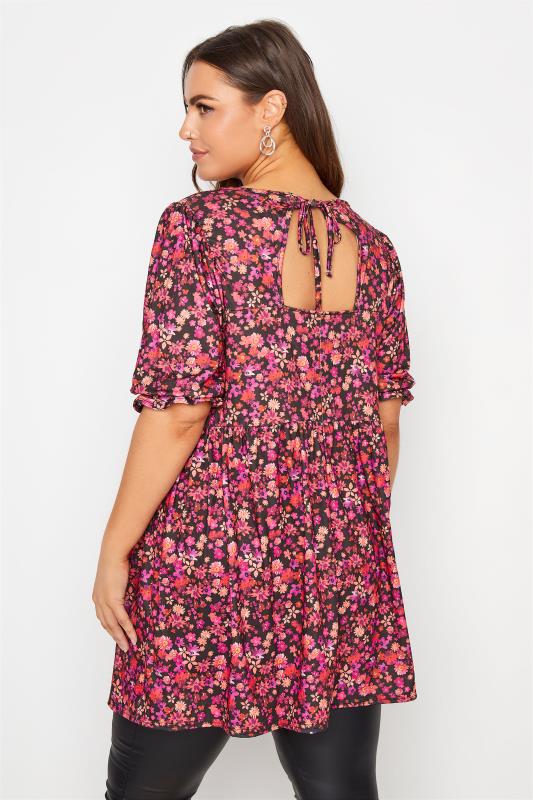 YOURS LONDON Curve Black & Pink Floral Tunic Top_CR.jpg