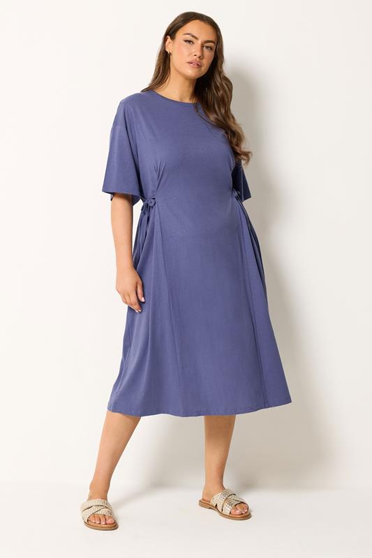  YOURS blauwe midi-jurk met strik aan de voorkant