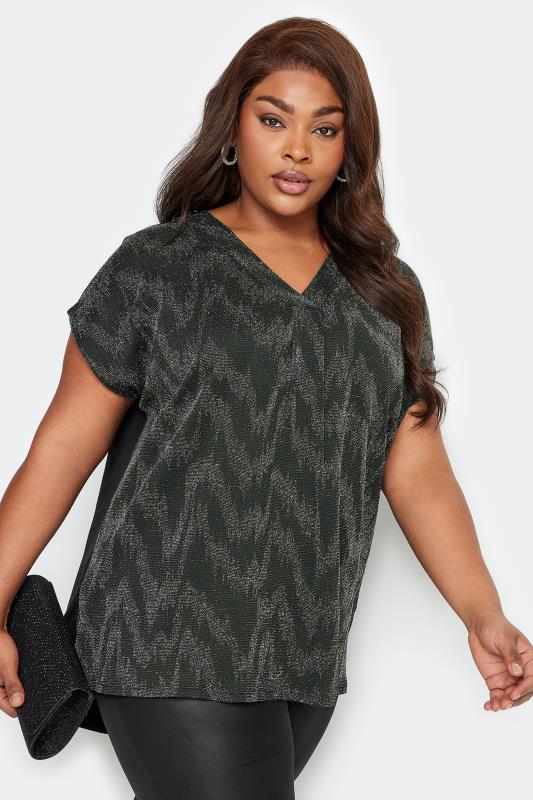 YOURS Plus Size Black Glitter V-Neck Top | Yours Clothing 2