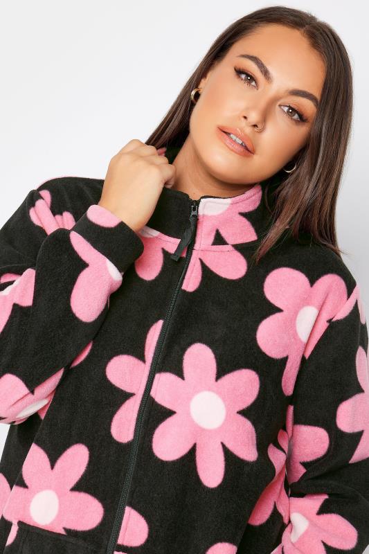 YOURS Plus Size Black Floral Zip Fleece Jacket | Yours Clothing 4