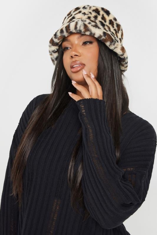 Plus Size  Natural Brown Leopard Print Faux Fur Bucket Hat