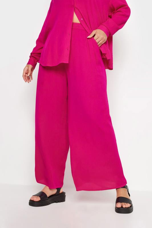 YOURS Plus Size Pink Magenta Crinkle Drawstring Trousers | Yours Clothing 2