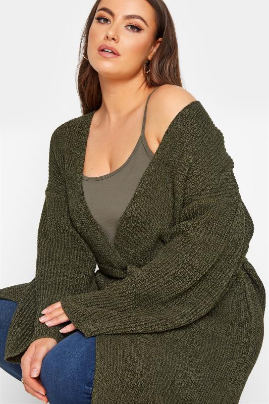 Curve Khaki Green Wide Sleeve Belted Cardigan 4