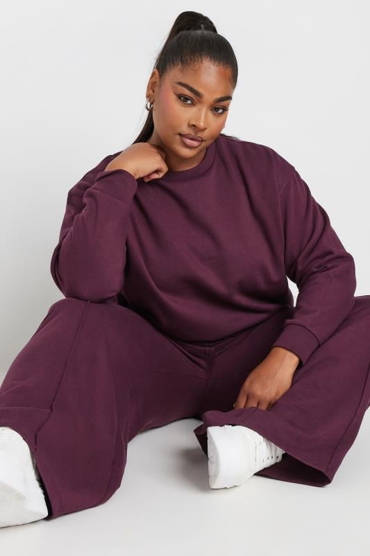 YOURS Plus Size Burgundy Red Sweatshirt & Wide Leg Jogger Co-Ord Set | Yours Clothing 1