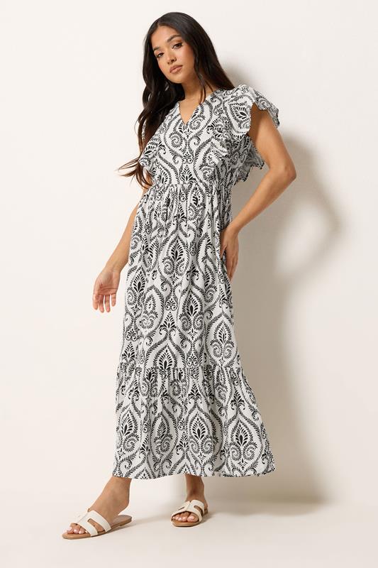 PixieGirl Petite Women's White Tile Print Tiered Maxi Dress | PixieGirl 2