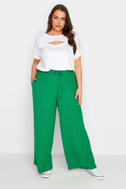 YOURS Plus Size Apple Green Washed Twill Wide Leg Trousers | Yours Clothing 2