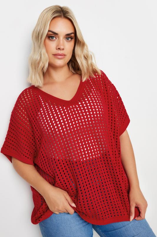 YOURS Plus Size Red Crochet Short Sleeve Top | Yours Clothing 1