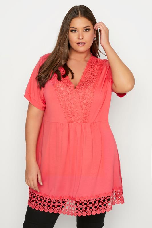 Curve Coral Pink Crochet Trim Short Sleeve Tunic Top 1