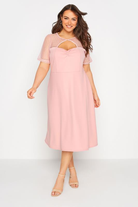 YOURS LONDON Plus Size Pink Polka Dot Mesh Midi Skater Dress | Yours Clothing 2