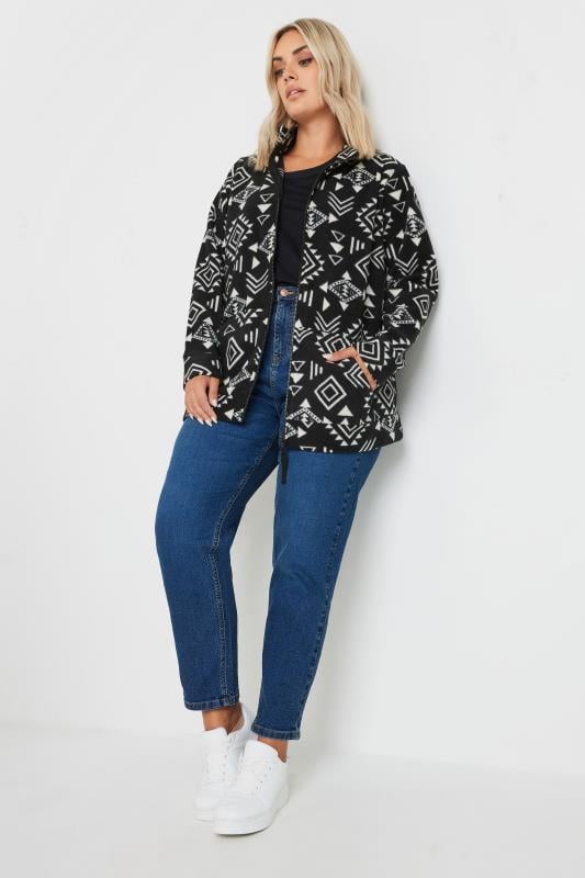 YOURS Plus Size Black White Aztec Print Zip Fleece Jacket Yours Clothing