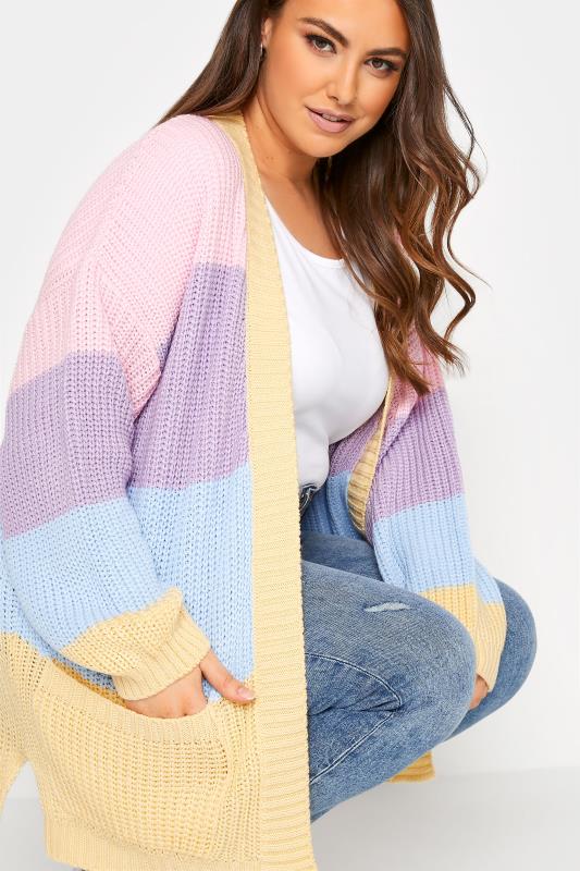 Curve Pink & Yellow Pastel Stripe Knitted Cardigan_D.jpg