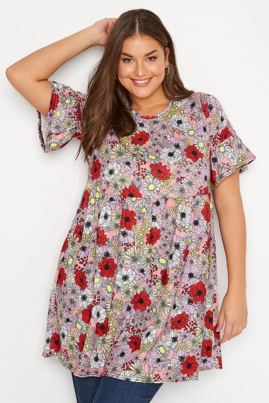 Plus Size Pink Floral Print Smock Tunic Dress | Yours Clothing 1
