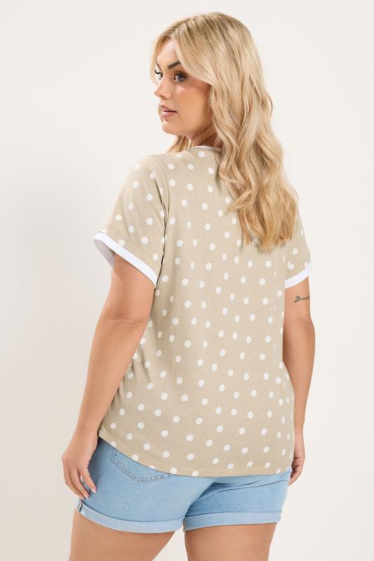 YOURS Plus Size Mocha Brown Spot Contrast Sleeve T-Shirt | Yours Clothing 2