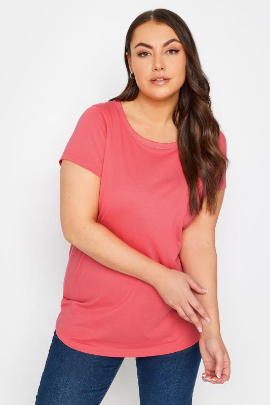YOURS Plus Size Coral Pink Short Sleeve T-Shirt | Yours Clothing 1