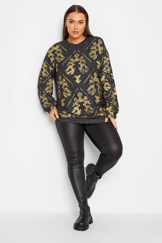 YOURS LUXURY Plus Size Curve Charcoal Grey & Gold Filigree Print Soft Touch Jumper 2