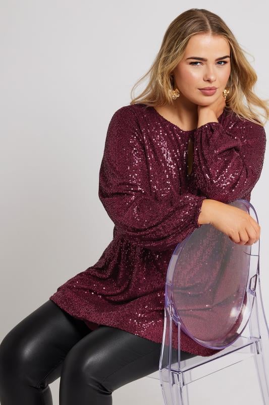 YOURS LONDON Plus Size Burgundy Red Sequin Keyhole Top | Yours Clothing 5