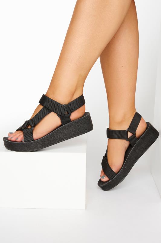  dla puszystych LIMITED COLLECTION Black Sporty Mid Platform Sandals In Extra Wide EEE Fit