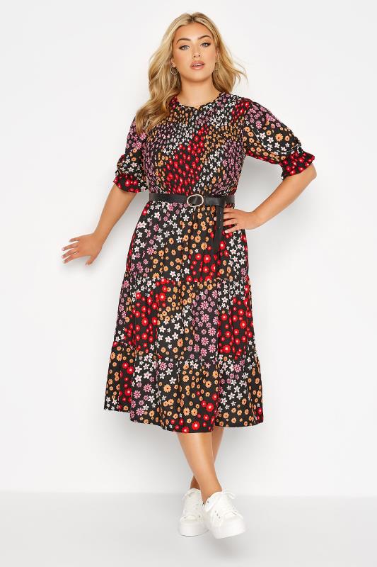 Plus Size Black Ditsy Print Puff Sleeve Smock Dress | Yours Clothing  1