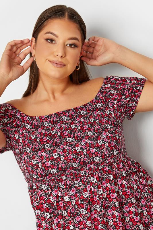 YOURS Plus Size Curve Pink Floral Shirred Bardot Mini Dress | Yours Clothing  4