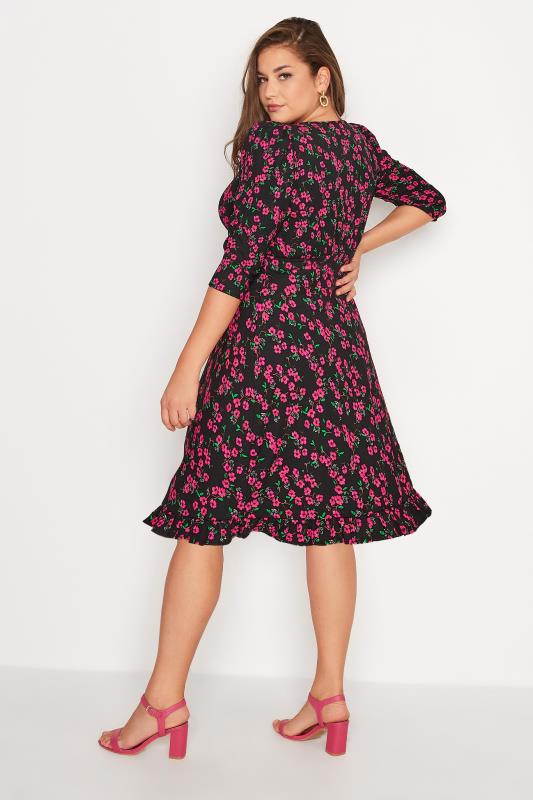 Plus Size Black & Pink Ditsy Print Frill Trim Dress | Yours Clothing 3