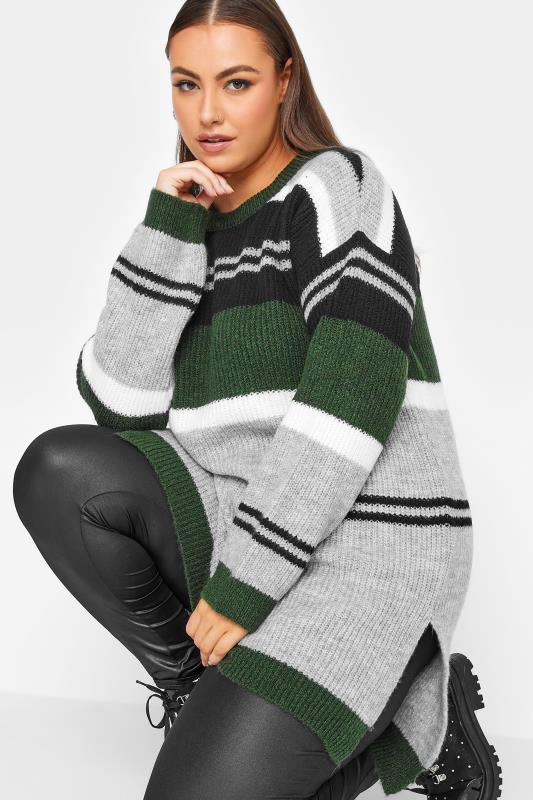 Plus Size Green & Grey Stripe Jumper | Yours Clothing 1