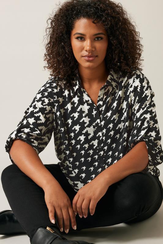 EVANS Plus Size Black Dogtooth Print Tab Sleeve Shirt | Evans 4