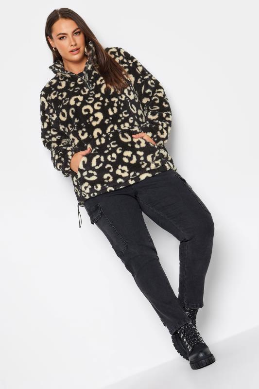 YOURS Plus Size Black Leopard Print Half Zip Fleece Sweatshirt | Yours Clothing 3