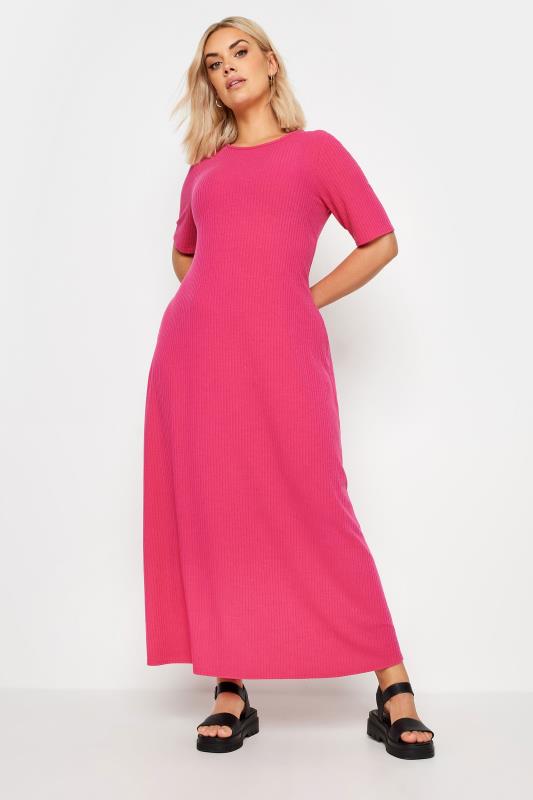 YOURS Plus Size Pink Ribbed Swing Maxi Dress | Yours Clothing 1