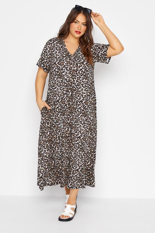 LIMITED COLLECTION Curve Brown Leopard Print Pleat Front Maxi Dress 1