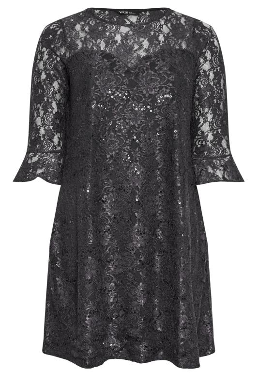 YOURS Plus Size Black Lace Sequin Embellished Swing Dress | Yours Clothing 5