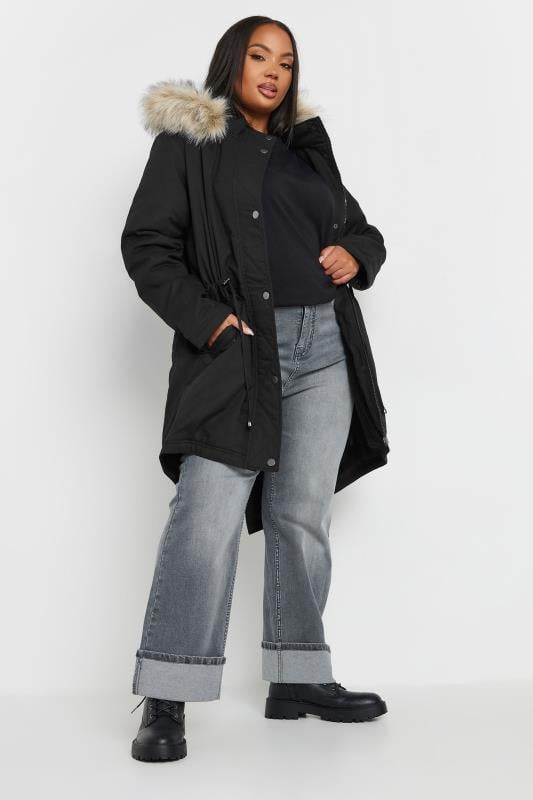  Tallas Grandes YOURS Curve Black Faux Fur Trim Parka Coat