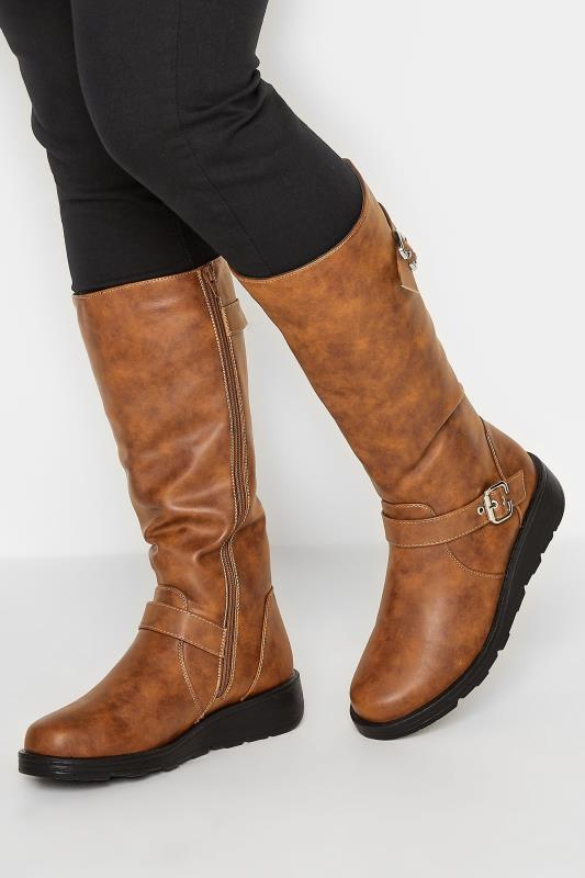  Tan Brown Knee High Wedge Boots In Wide E Fit