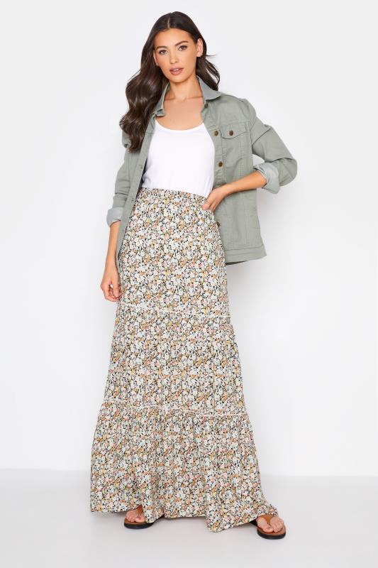 LTS Tall Beige Brown Floral Tiered Maxi Skirt 2