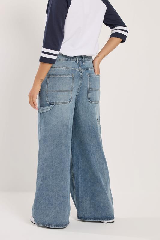 PixieGirl Petite Women's Mid Blue Carpenter Wide Leg Jeans | PixieGirl 2