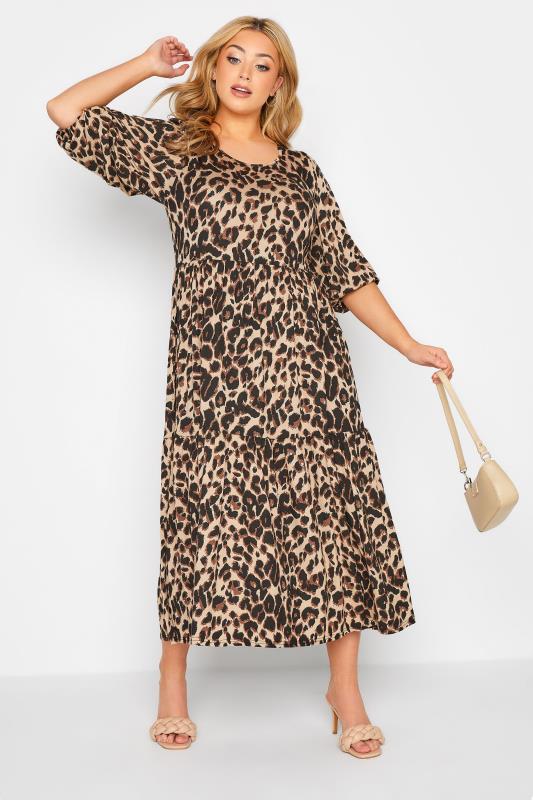Plus Size  Curve Beige Brown Leopard Print Maxi Dress