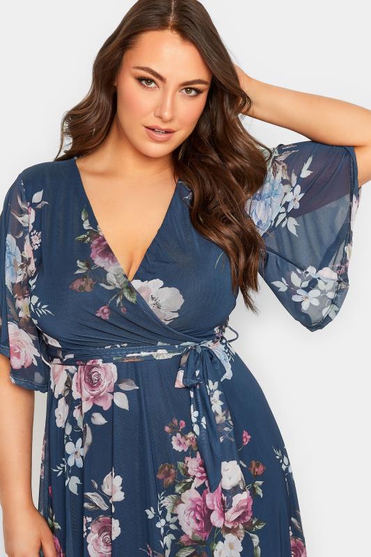 YOURS PETITE Plus Size Navy Blue Floral Print Mesh Midi Wrap Dress | Yours Clothing 4