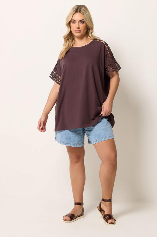 YOURS Plus Size Chocolate Brown Crochet T-Shirt | Yours Clothing 1