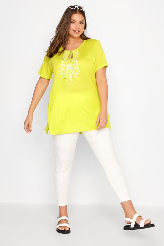 Curve Lime Green Aztec Embroidered Tie Neck T-Shirt 2