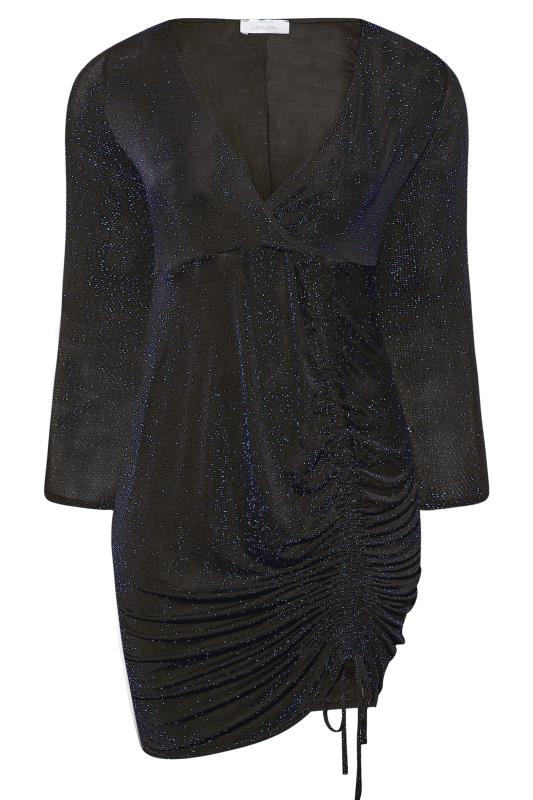 YOURS LONDON Plus Size Curve Ruched Black & Cobalt Blue Glitter Wrap Dress | Yours Clothing 5