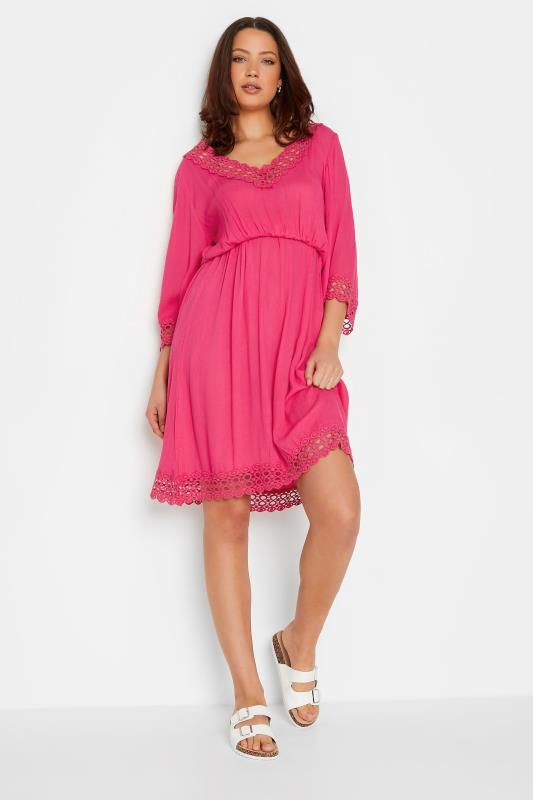 Tall  LTS Tall Hot Pink Crochet Kaftan Dress