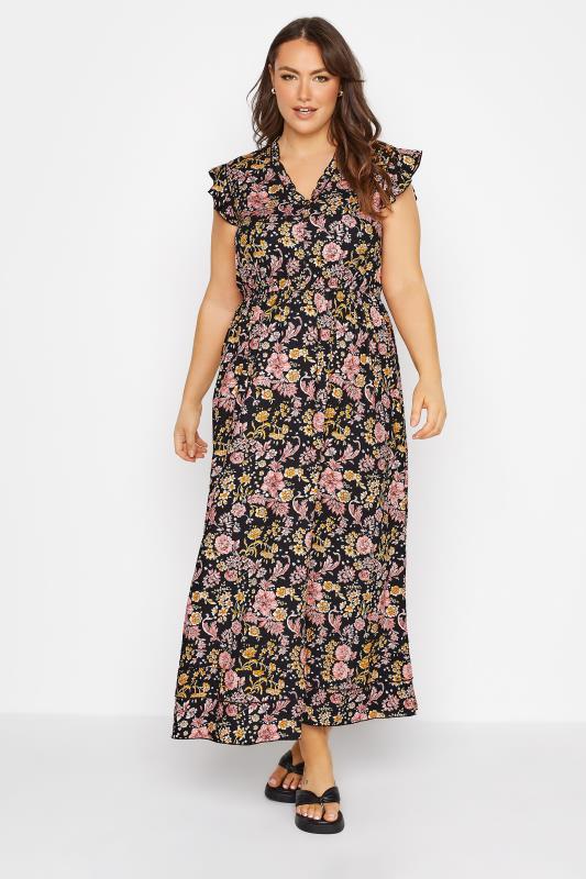 Plus Size Black Floral Print Button Through Maxi Dress | Yours 