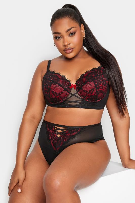 YOURS Plus Size Black & Red Lace Strap Detail Padded Longline Bra | Yours Clothing 2