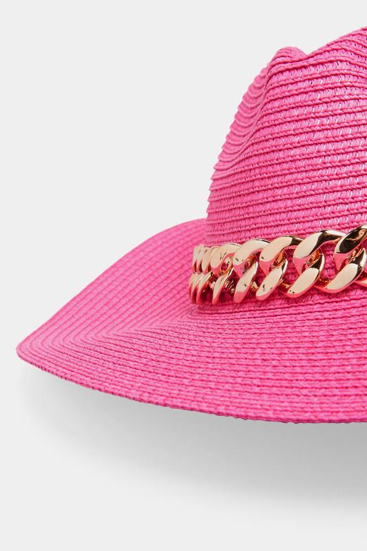Hot Pink Straw Chain Fedora Hat | Yours Clothing 3