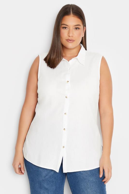 LTS Tall Women's White Sleeveless Linen Blend Shirt | Long Tall Sally  1