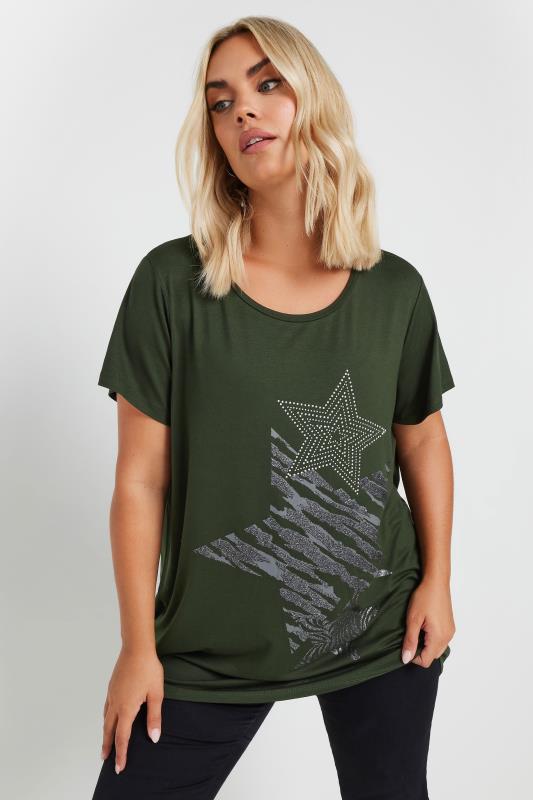 YOURS Plus Size Green Glitter Star Print T-Shirt | Yours Clothing 2