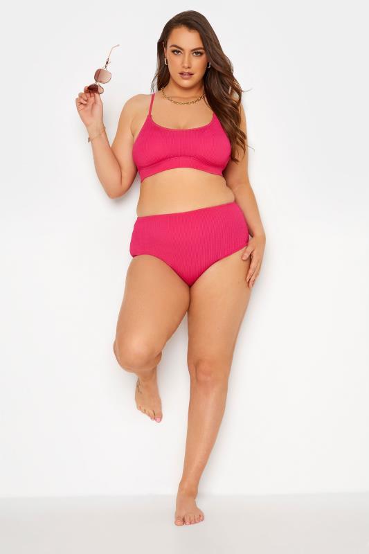 Curve Hot Pink Textured High Waisted Bikini Briefs 2