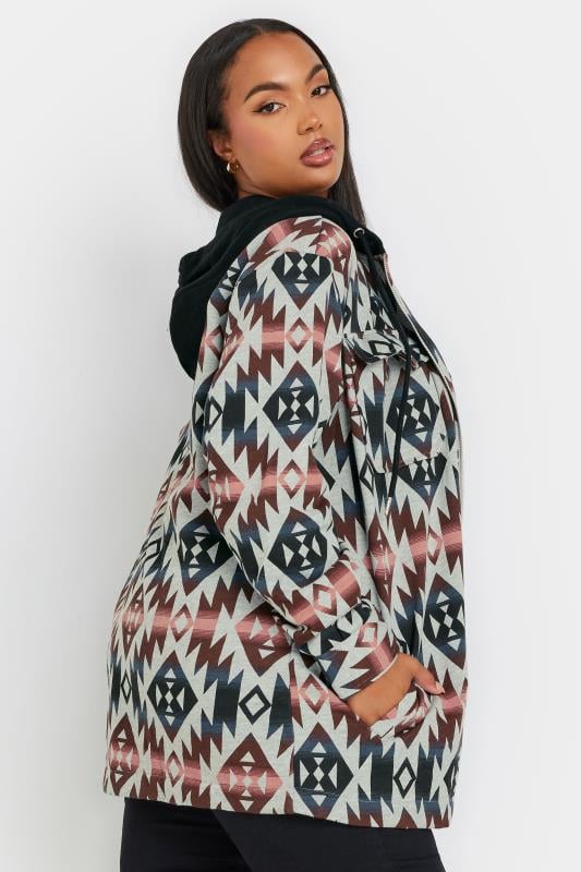 YOURS Plus Size Grey Aztec Print Hooded Shacket | Yours Clothing 3